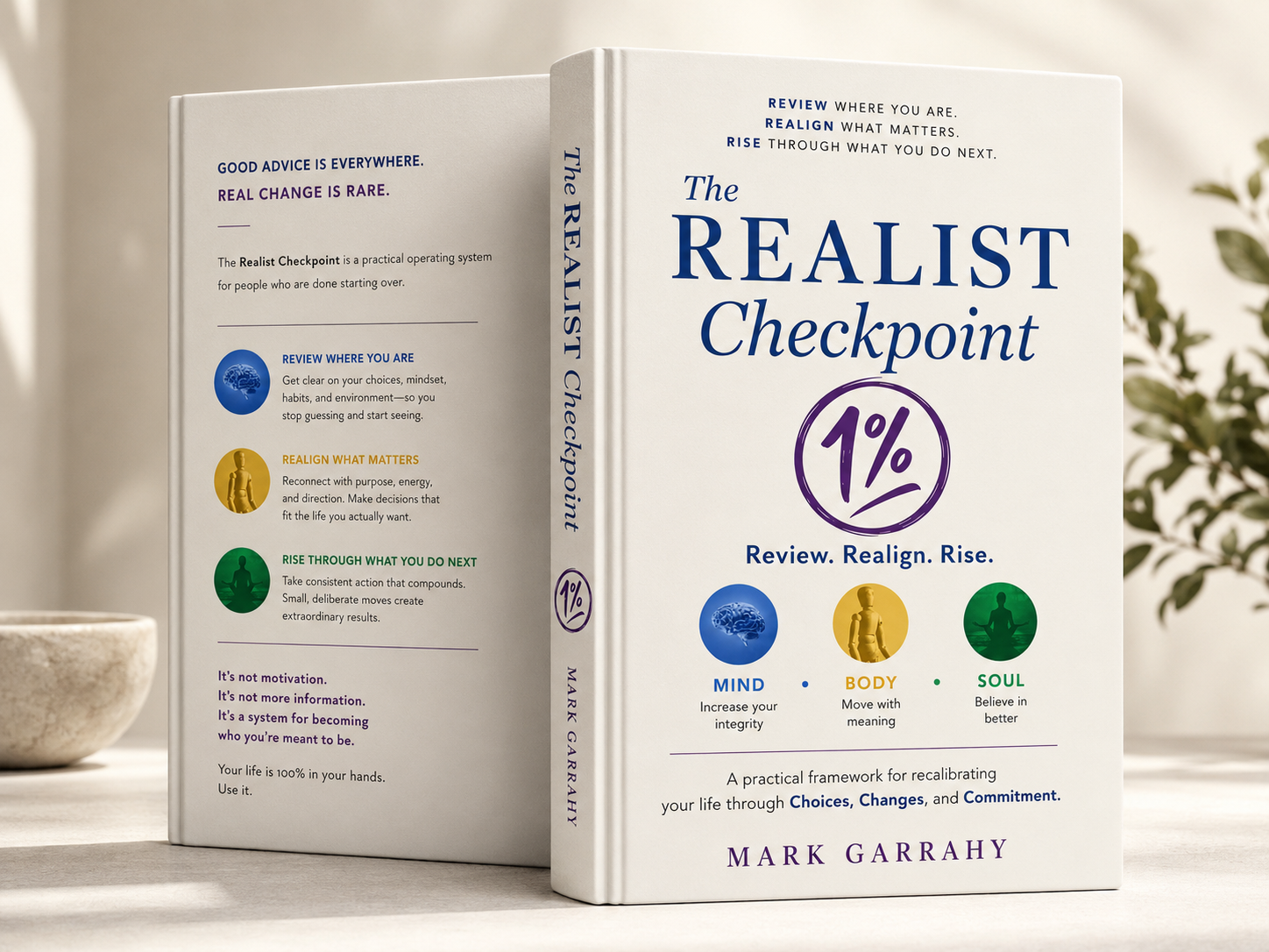 Working book mockup — The Realist Checkpoint by Mark Garrahy, front and back covers. Not a final printed edition.