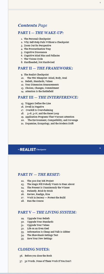 Contents structure of The Realist Checkpoint manuscript showing five main parts and closing notes