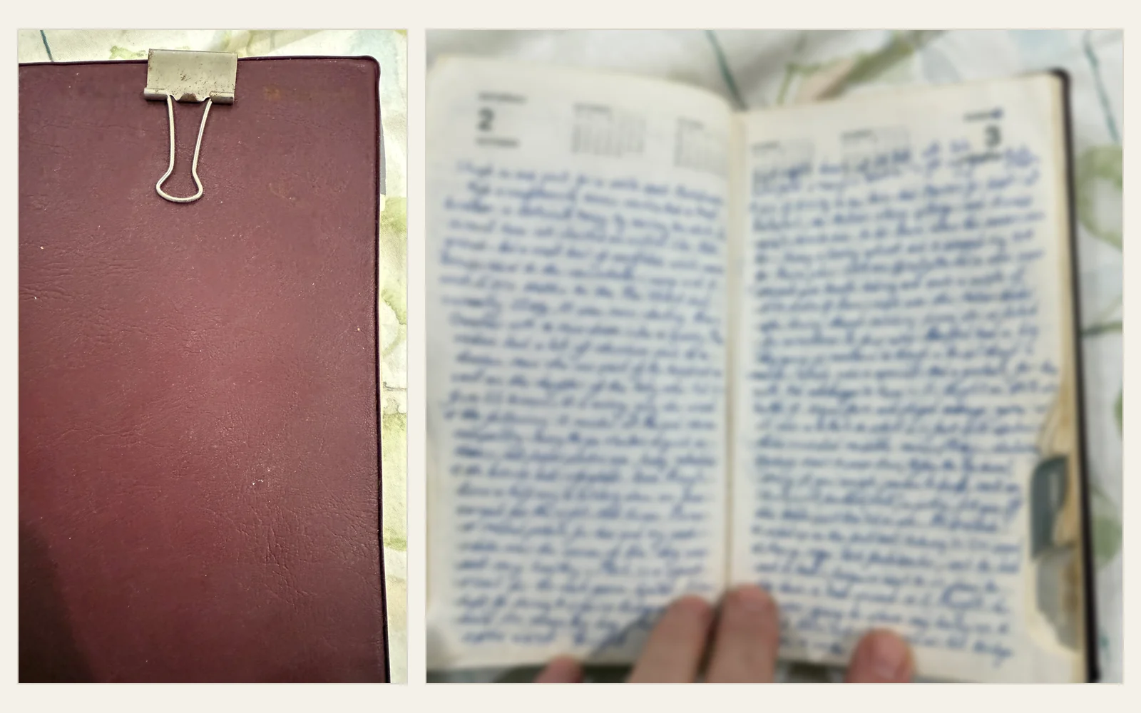Handwritten 1993 travel diary shown closed and open, with the personal writing softened for privacy.