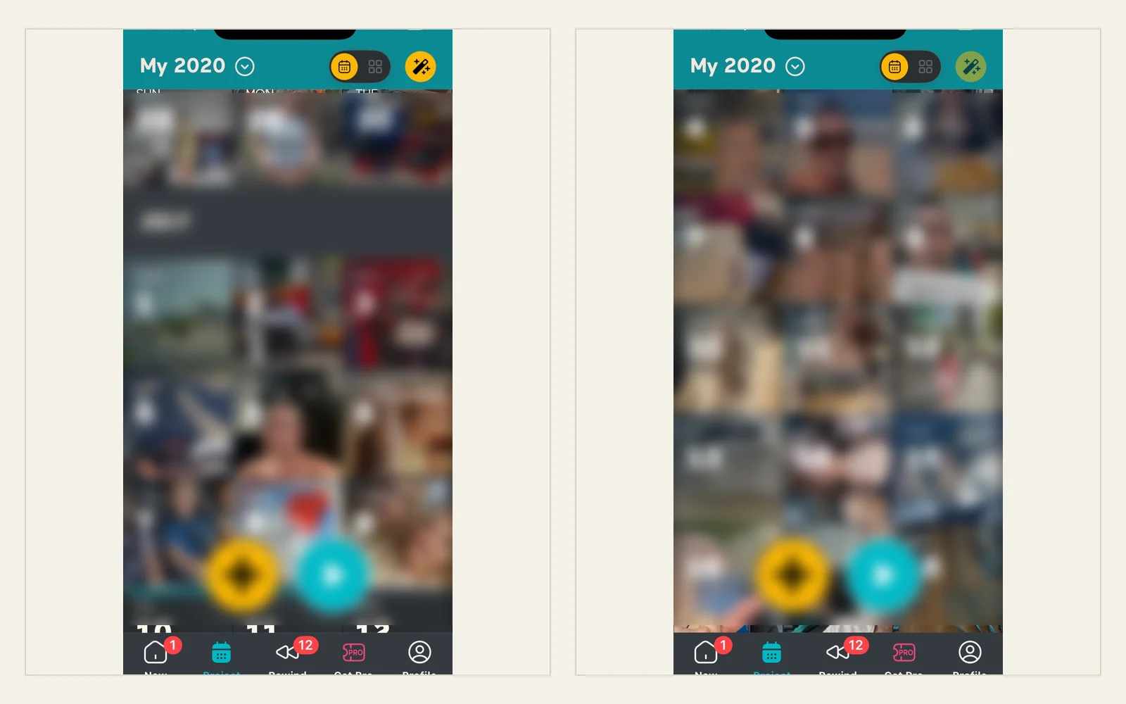 Calendar-style private photo record with personal photo tiles blurred and the project interface retained.